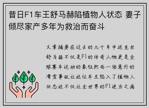 昔日F1车王舒马赫陷植物人状态 妻子倾尽家产多年为救治而奋斗