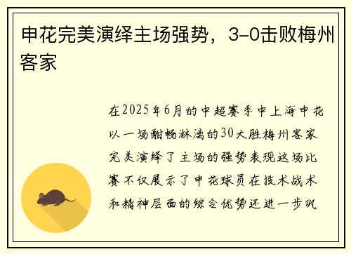 申花完美演绎主场强势，3-0击败梅州客家